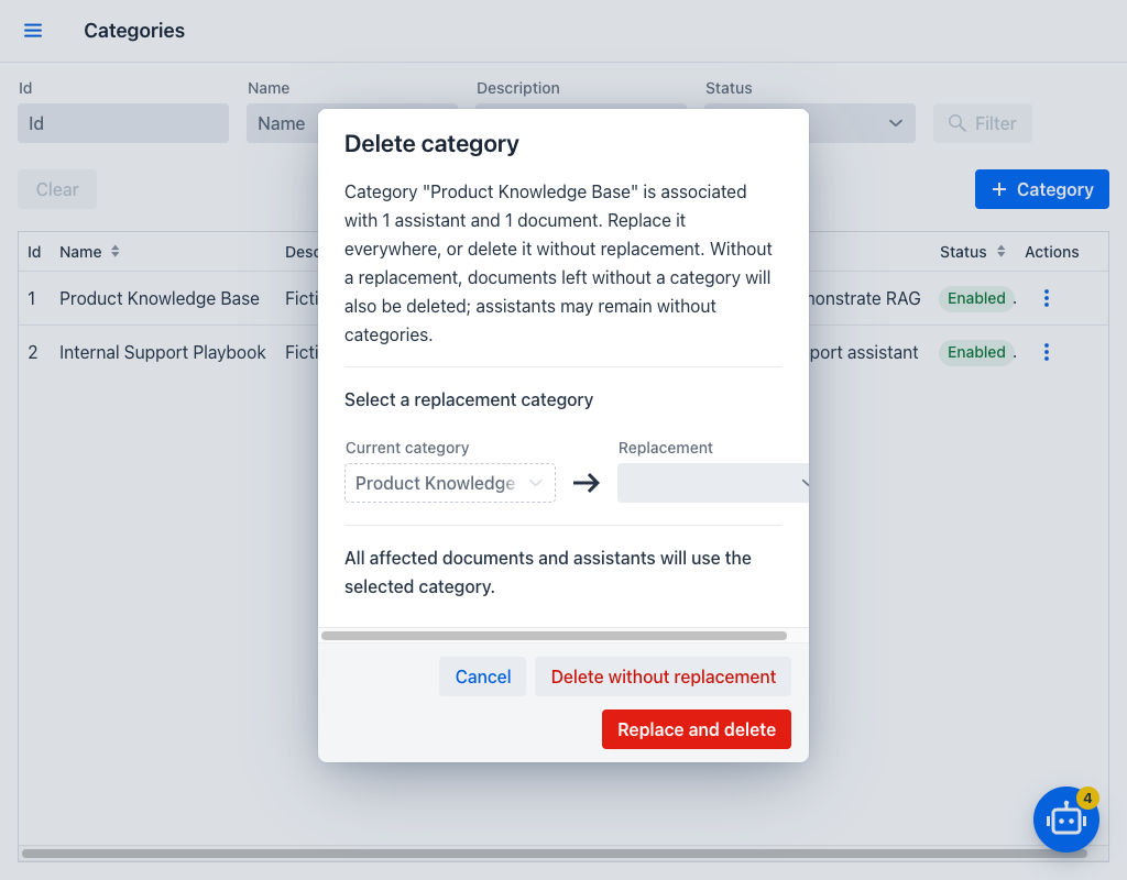 Delete category dialog
