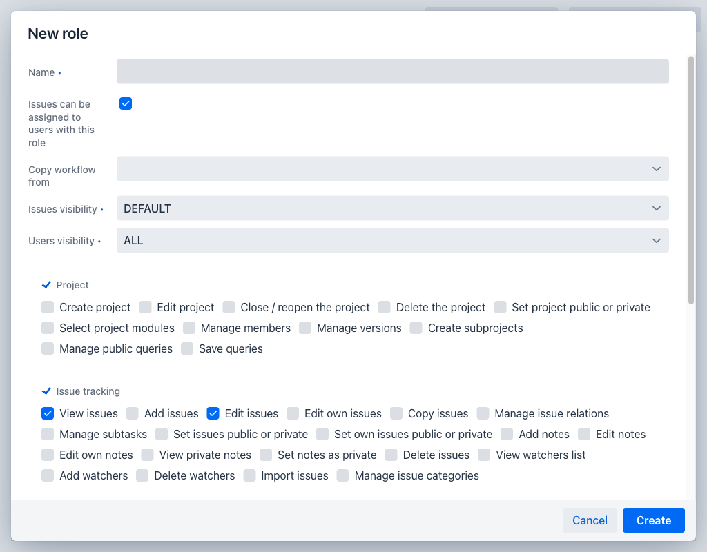 New role form showing the name, assignability, workflow copy, visibility selectors and the permission checkboxes