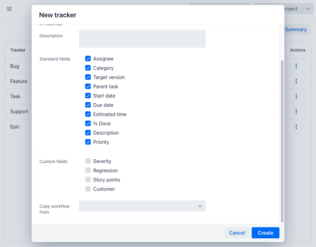 New tracker form showing the standard field, custom field and workflow copy options