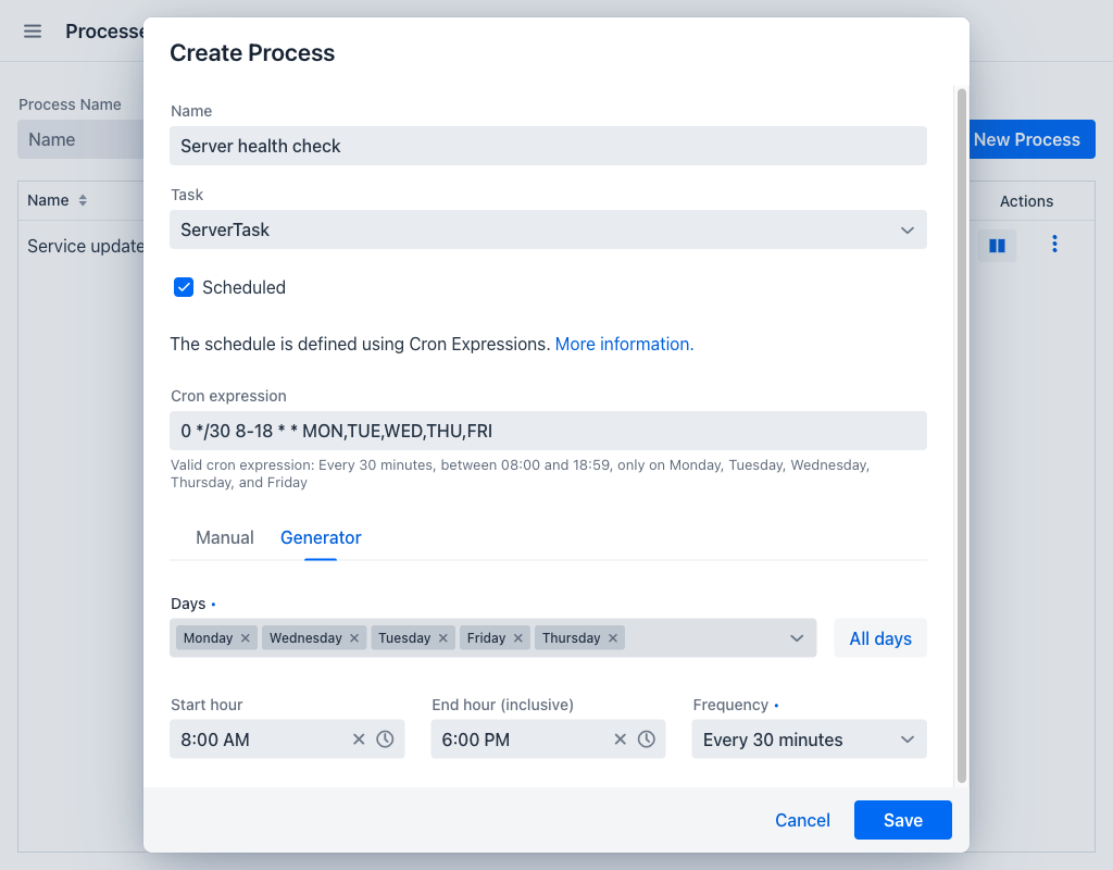 Process form with the Generator tab