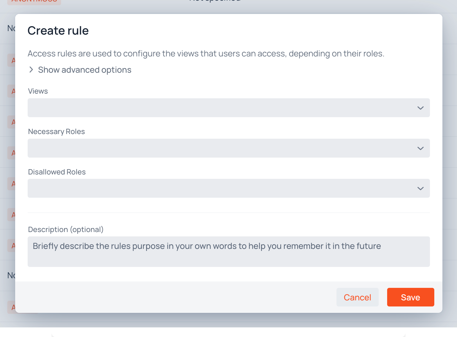 Rule creation dialog with fields for rule specification and access control