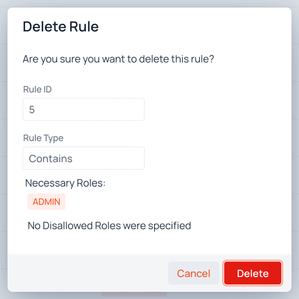 Rule deletion confirmation dialog showing rule details and confirmation button
