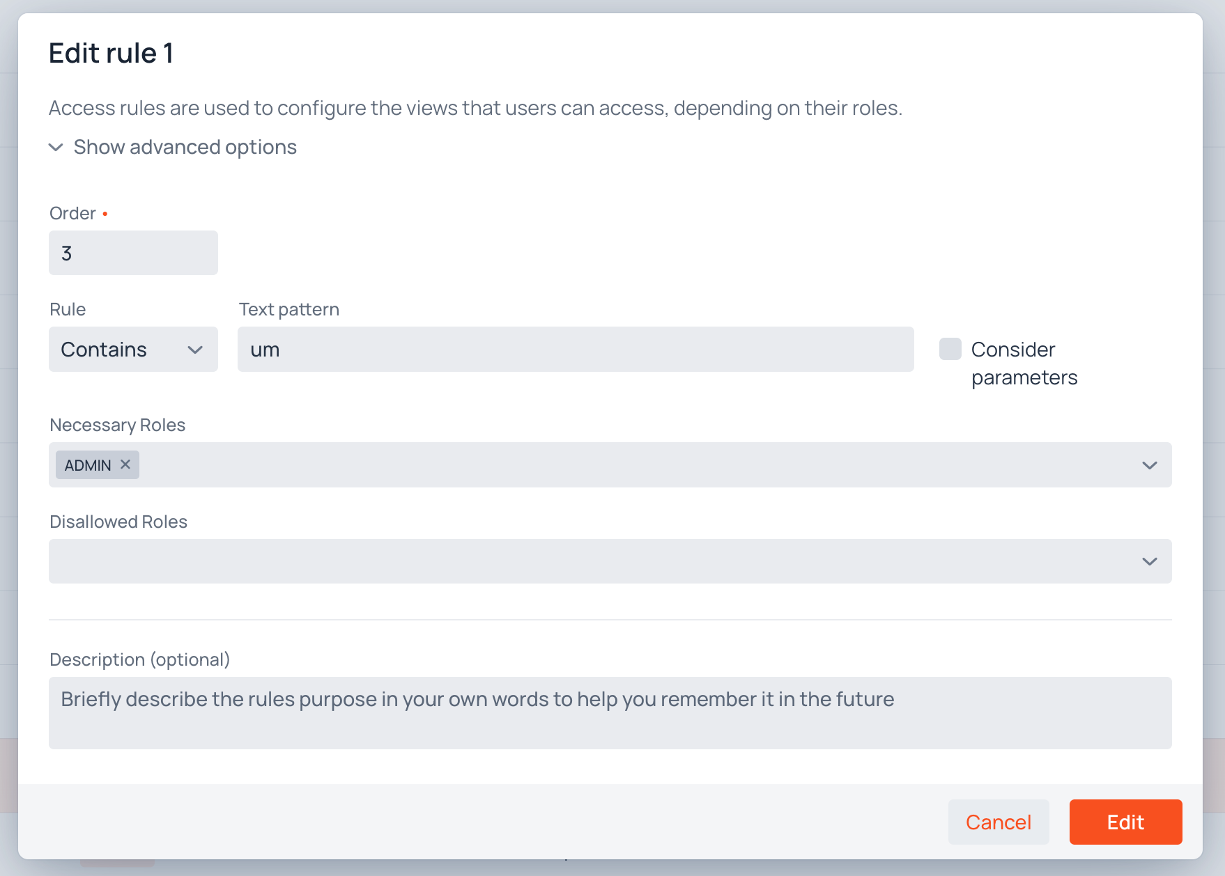 Rule editing dialog with populated fields and a Delete button