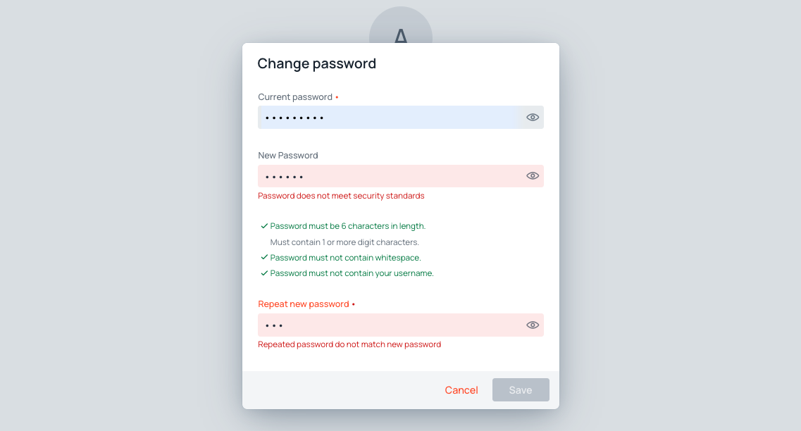 Change password dialog opened from the Profile view